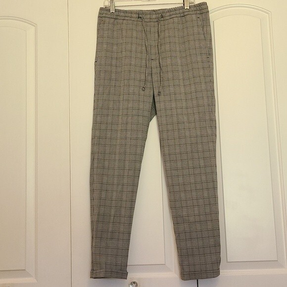 H & M Black & White Dogtooth Plaid Drawstring Pants Size M - Picture 1 of 9